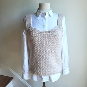 Hand Knit Vest Sleeveless Boxy Chunky Top Sweater Beige Small